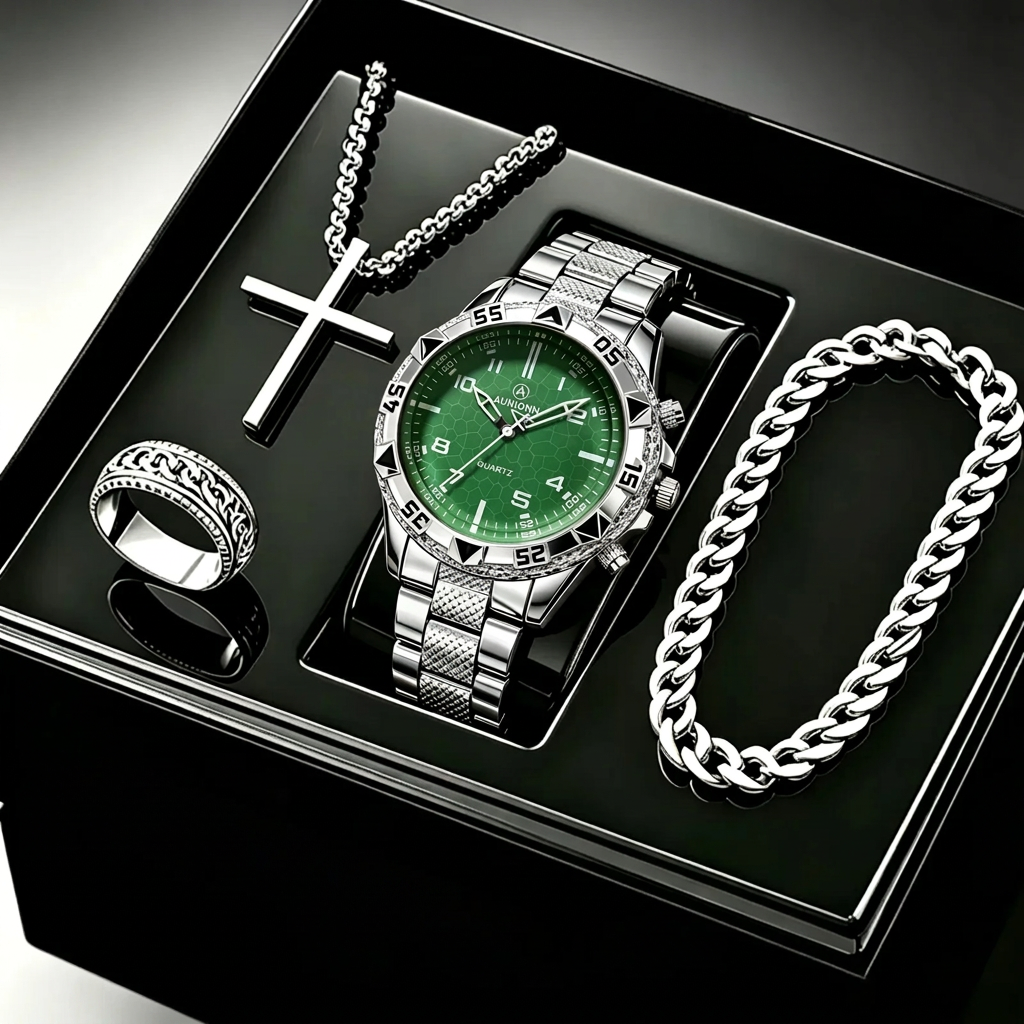 Green watch and jewellery set in black box