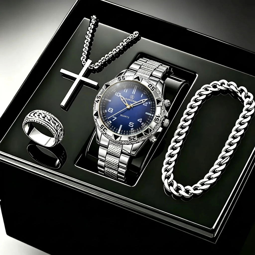 Blue watch and jewellery set in black box