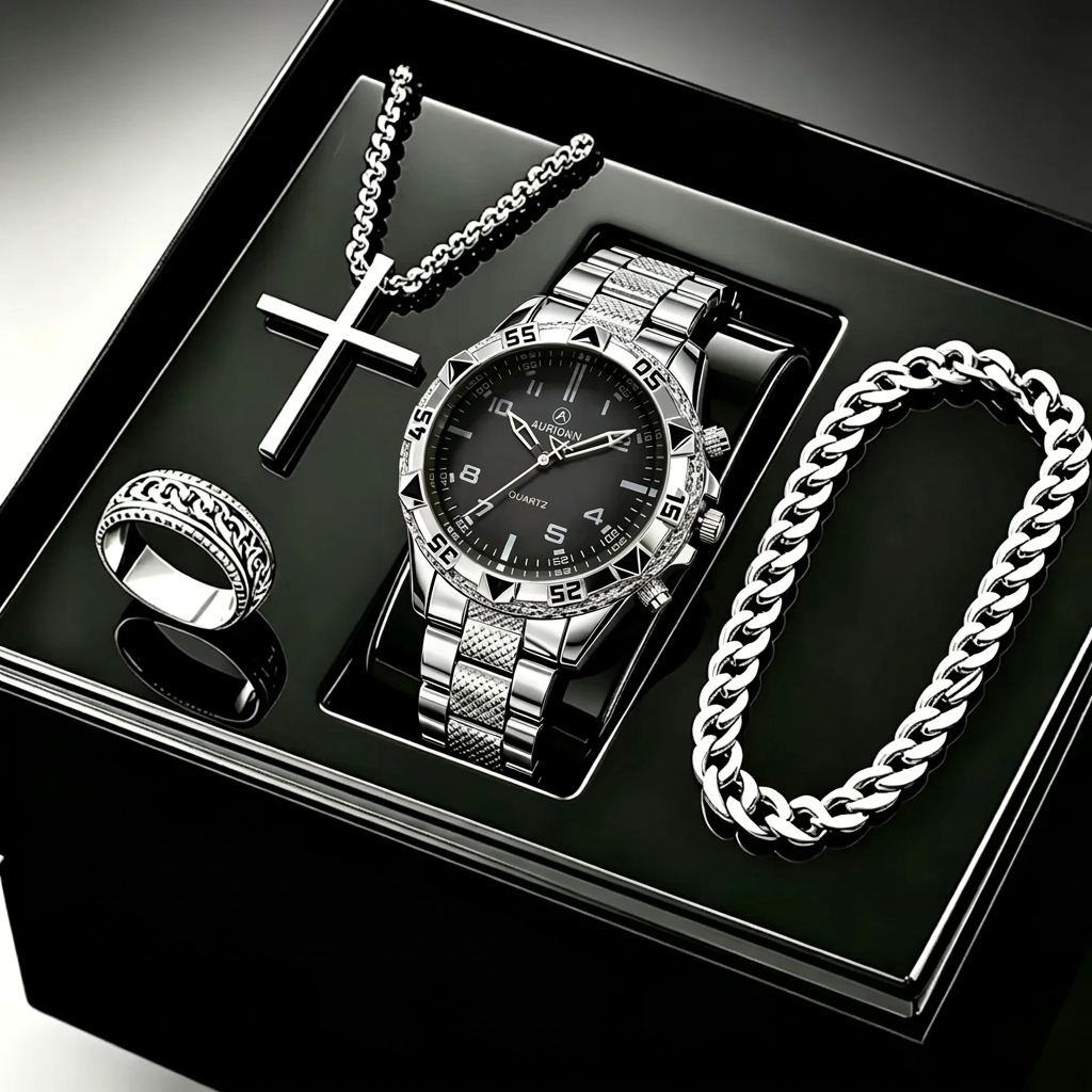 Black watch and jewellery set in black box